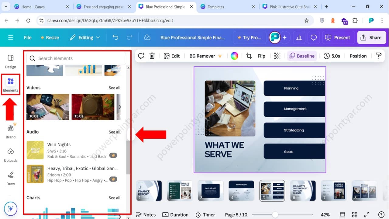 اضافه کردن تصاویر، آیکون‌های گرافیکی و نمودار به پاورپوینت در Canva
