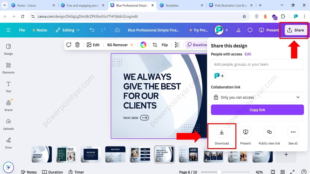 دانلود و اشتراک‌گذاری پاورپوینت در Canva
