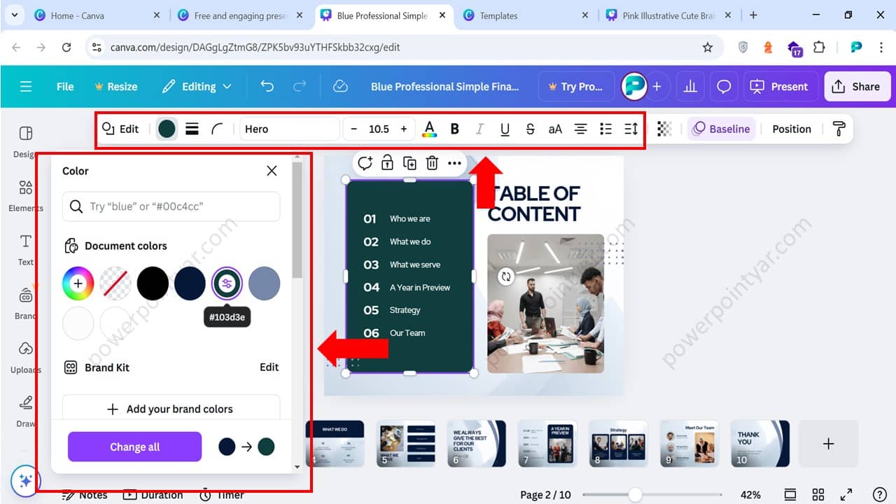 ویرایش رنگ و فونت هر اسلایدها در canva