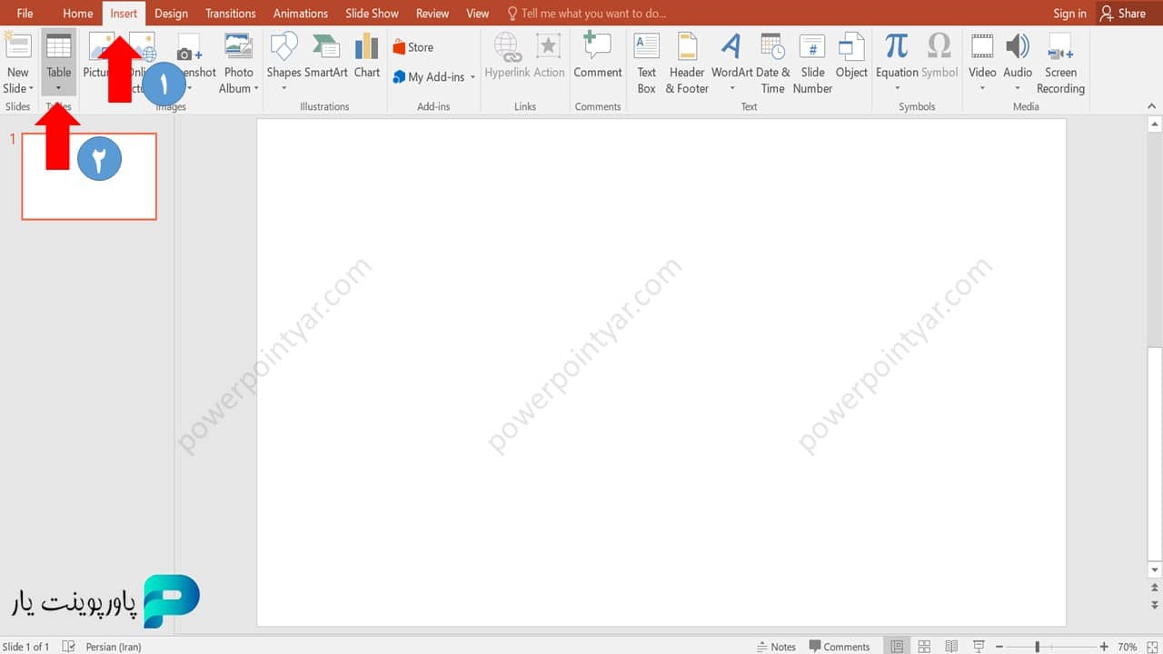 وارد تب Insert شوید و روی گزینه Table کلیک کنید